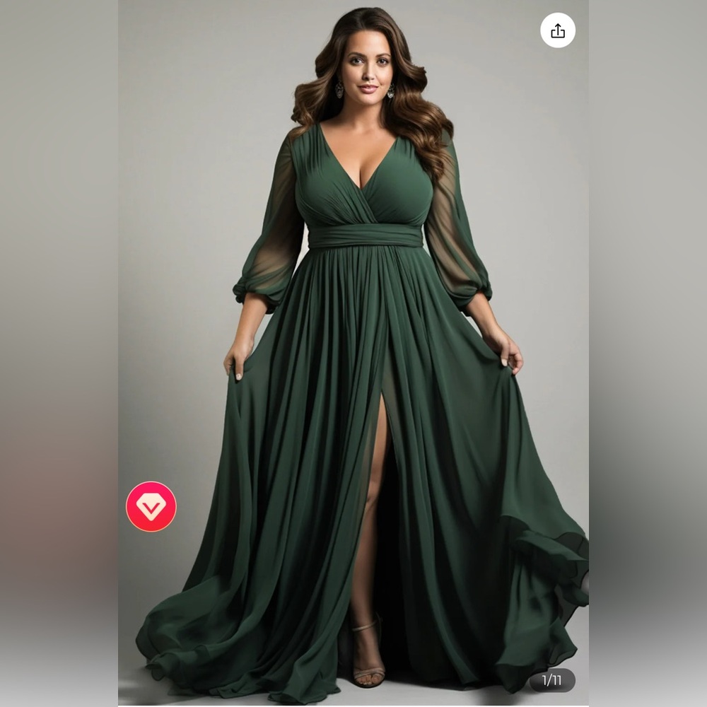 NWT Dark Green Chiffon Wrap Lantern Sleeve Dress size XL/14